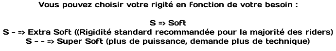 Vous pouvez choisir votre rigité en fonction de votre besoin : S => Soft S - => Extra Soft ((Rigidité standard recommandée pour la majorité des riders) S - - => Super Soft (plus de puissance, demande plus de technique)